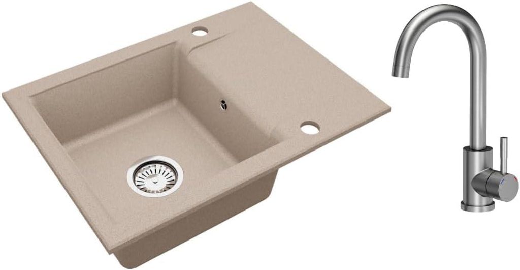 VBChome Granitspüle Beige 59 x 44 cm mit Armatur Einzelbecken Einbauspüle Reversibel Gesprenkelt Pflegeleichtes Spülbecken mit Siphon