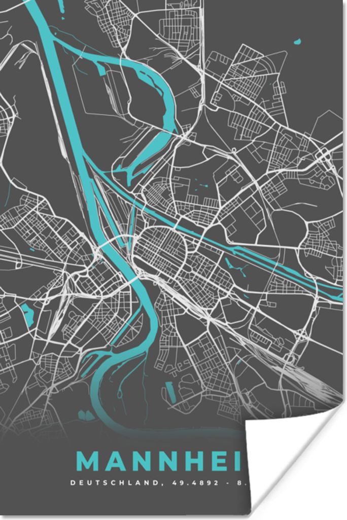 MuchoWow Poster Deutschland - Blau - Mannheim - Stadtplan - Karte 120x180 cm - Kunstposter