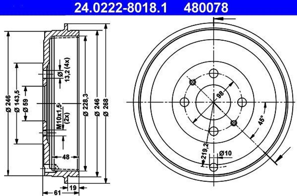 ATE 24.0222-8018.1 Bremstrommel OE 7769850 kompatibel mit Alf. 145, Alf. 146, Doblo, Fiorino, Idea, Linea, Marea, Multipla, Palio, Qubo, Strada, Te...