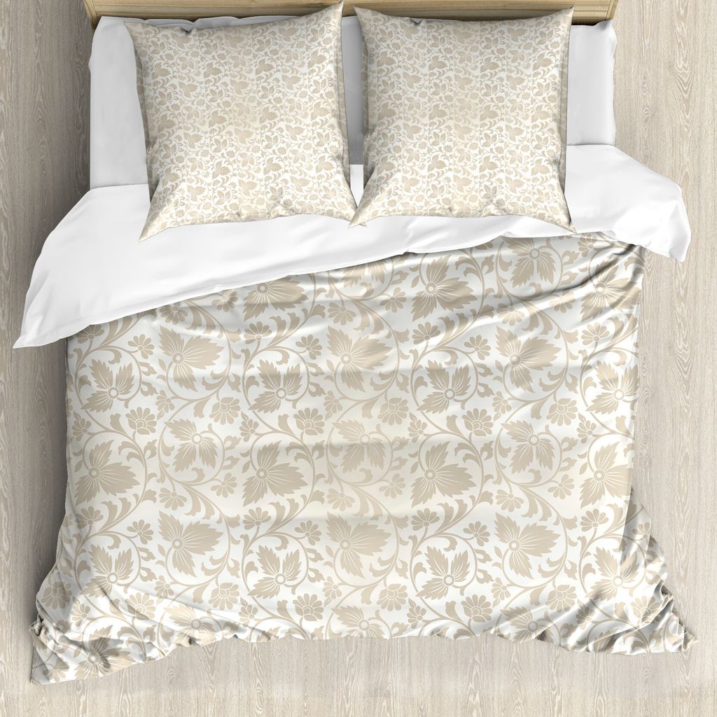 ABAKUHAUS Blumen Bettbezug, Retro Strudel-Blumen, Milbensicher Allergiker geeignet mit Kissenbezügen, 200 cm x 200 cm - 80 x 80 cm, beige Weiß