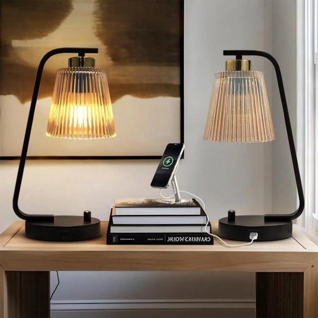 Lot de 2 lampes de table industrielles avec ports USB et ampoules LED