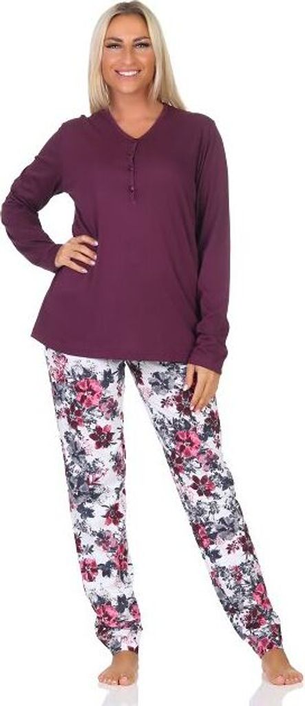 Damen Schlafanzug langarm Pyjama in floralem Design auch in Übergrössen ; lila , 40