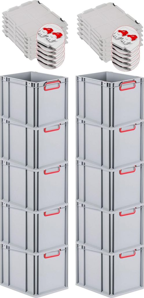 SuperSparSet 10x Eurobox NextGen Color mit Scharnierdeckel und Schiebeschnappverschlüssen | HxBxT 32x30x40cm | 30 Liter | Griffe rot geschlossen |...