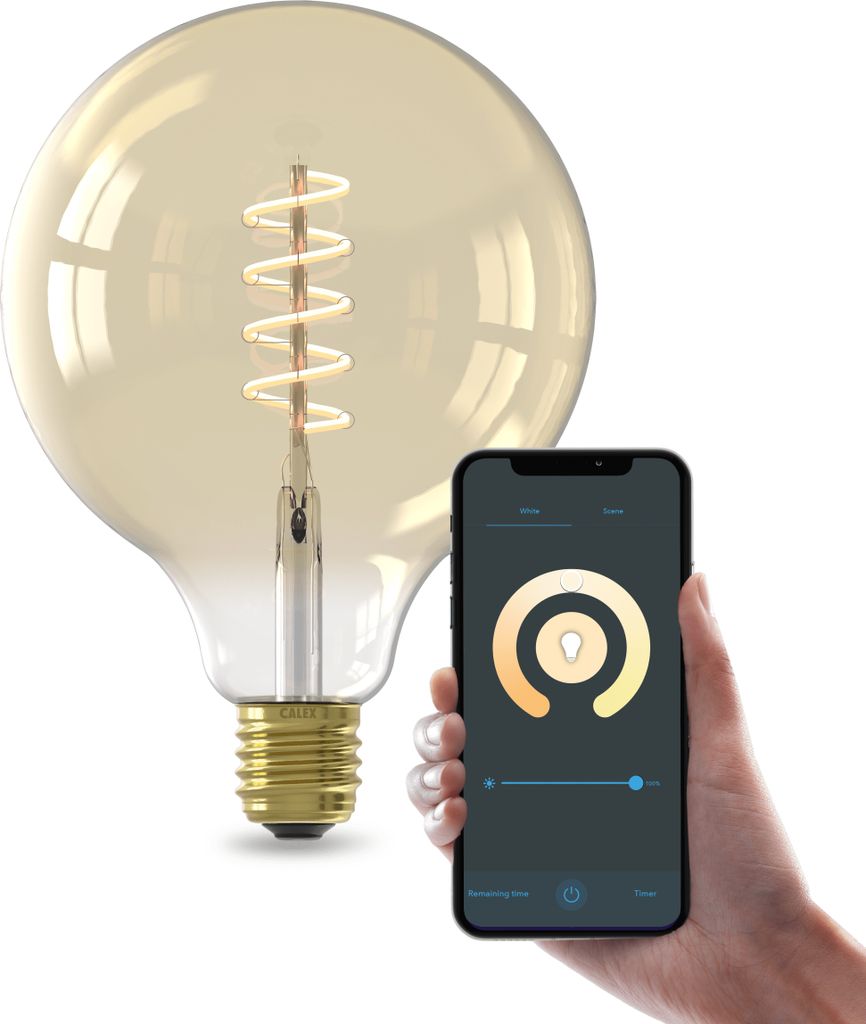 A hand holds a smartphone displaying a smart bulb control app next to a large, gold filament smart LED bulb.