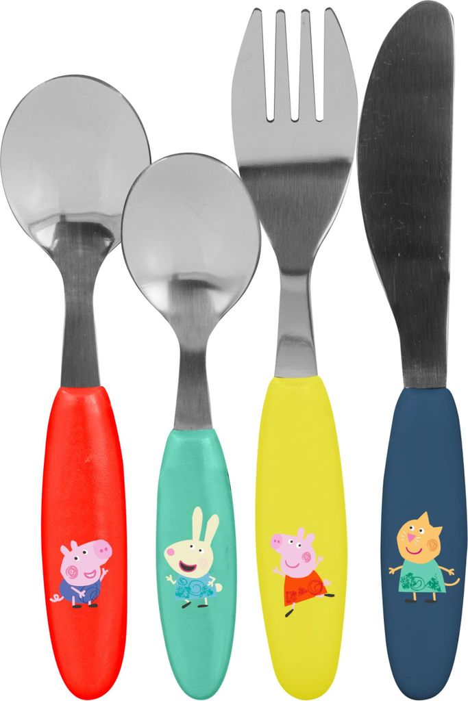 Peppa Pig Kinderbesteck Set 4-teilig - Besteckset für Kinder aus Edelstahl mit bunten Kunststoffgriffen - Gabel, Messer, Suppenlöffel & Teelöffe...