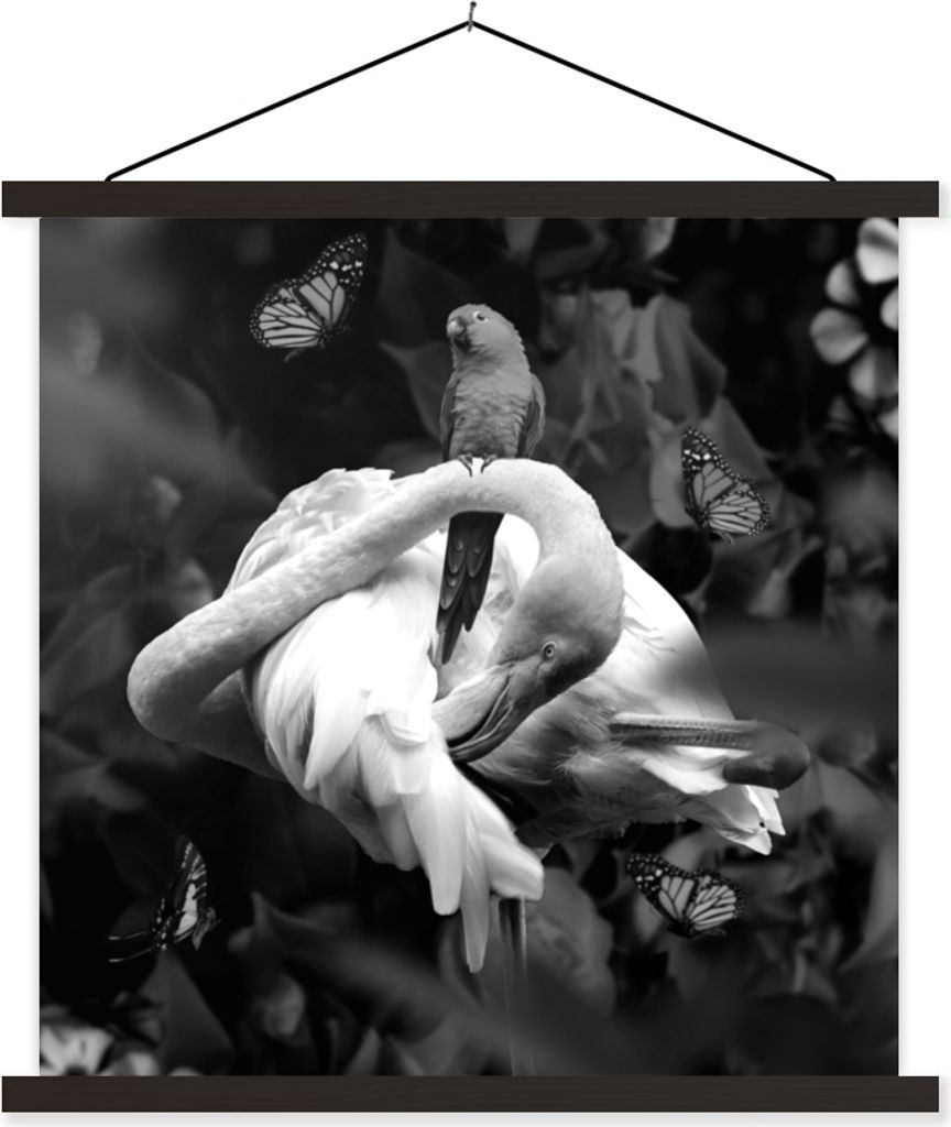 MuchoWow Textilposter Flamingo - Tiere - Dschungel - Schwarz - Weiß 90x90 cm mit schwarzem Rahmen - Magnetisches