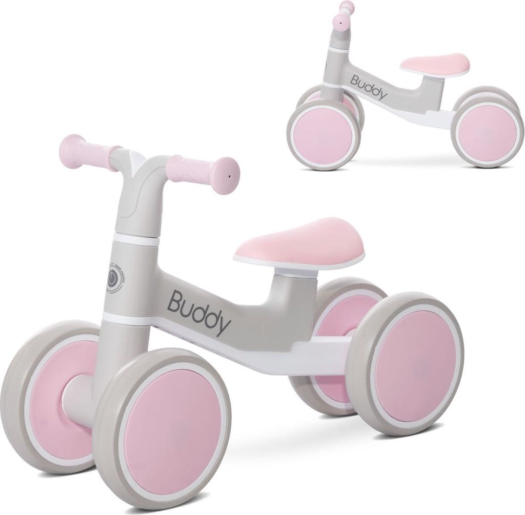 A gray and pink balance bike for toddlers is shown from two angles against a white background.