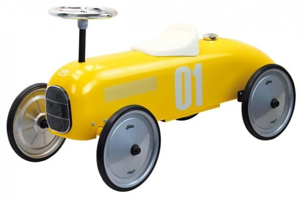 Cadeau bébé : Porteur voiture de course métal jaune Vilac pour enfant