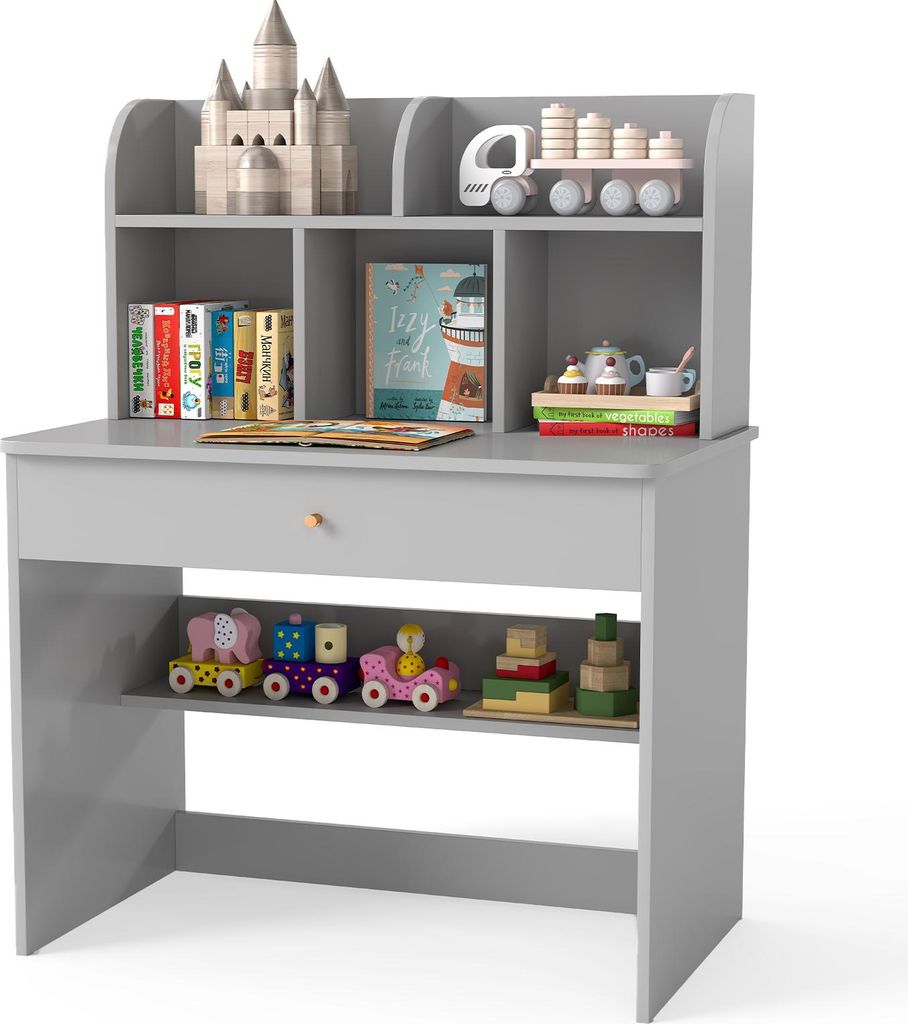 COSTWAY Schreibtisch Kinder, Kinderschreibtisch, Schülerschreibtisch mit Stauraum, Schublade & Ablagefach, Kindertisch für Kinder ab 3+, Grau