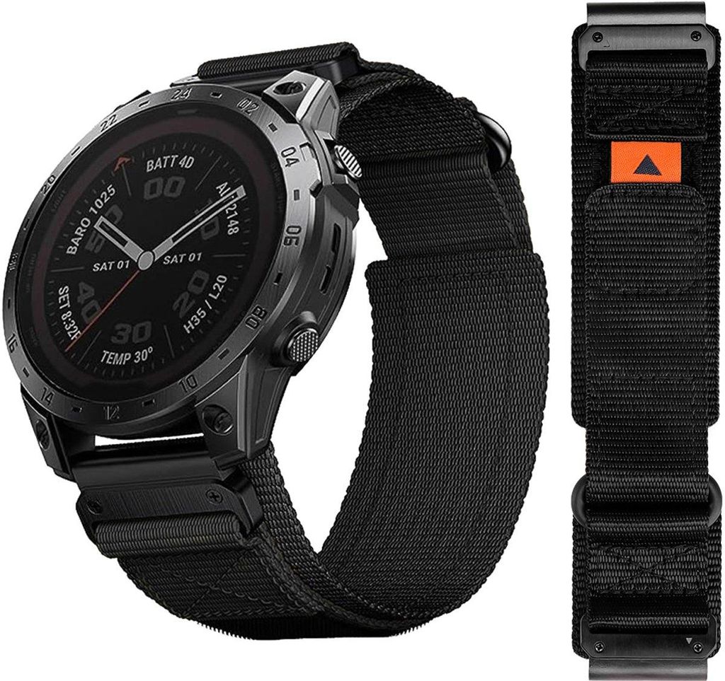 FFO2World Nylon-Klettarmband für Garmin – QuickFit 22 mm – Kompatibel mit Fenix 5/6/7/8, Fenix E & Epix Gen 2 – Schwarz