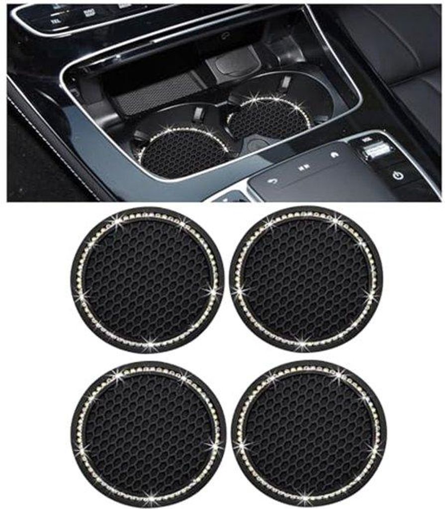 Ultiluxe Auto Untersetzer mit Strass - 4 Stück - Antirutsch Autozubehör - Hitzebeständig - Schwarz - 7 cm