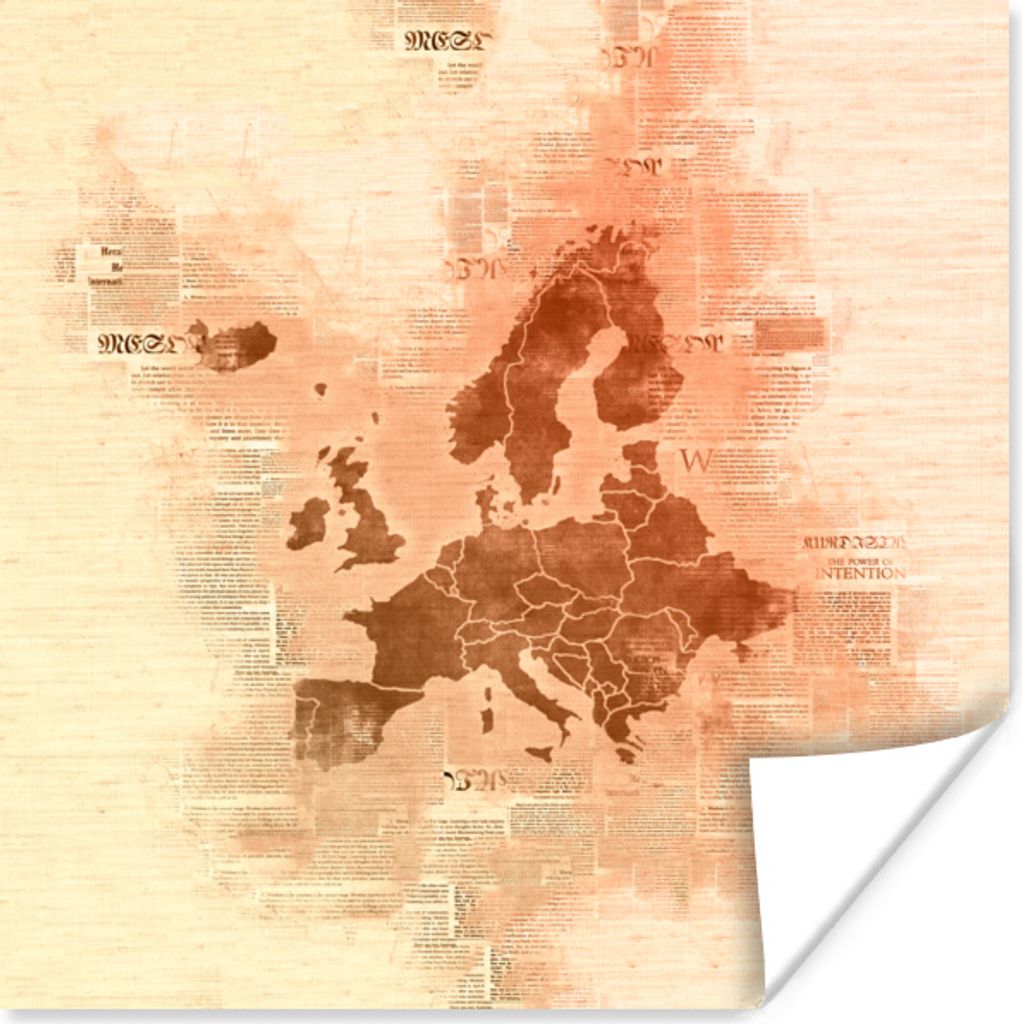 MuchoWow Poster Europa-Karte - Aquarell - Braun - Zeitung 100x100 cm - Babyzimmer