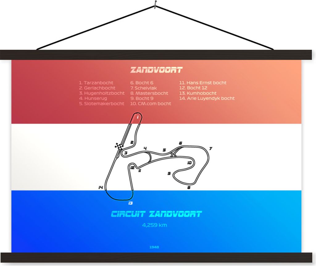 MuchoWow Textilposter Zandvoort - F1 - Rennstrecke 90x60 cm mit schwarzem Rahmen - Aufhängungssatz