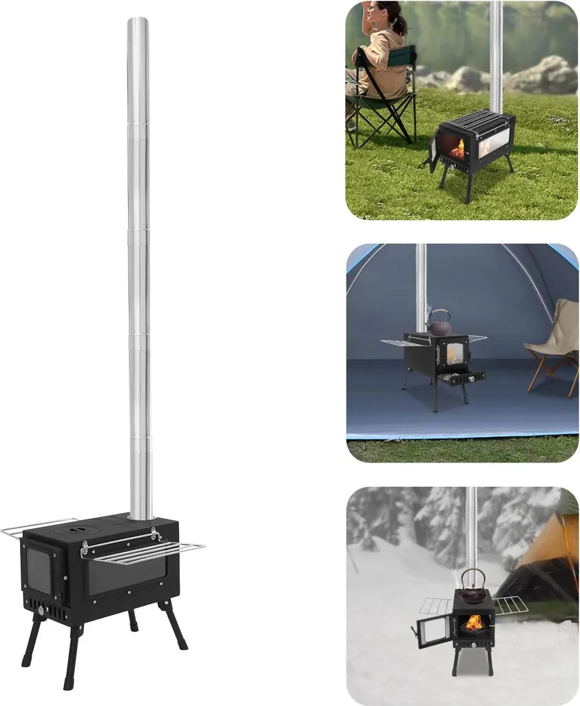 Poêle de camping portable en acier inox 201 avec 5 conduits de cheminée noir