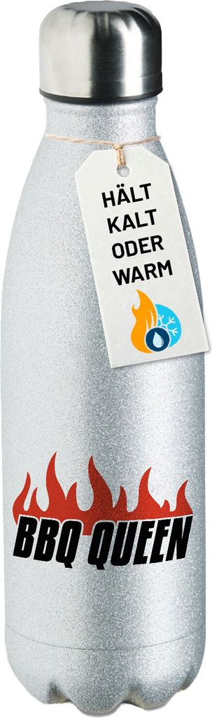 Huuraa Trinkflasche BBQ Queen Flammen 500ml Silver Edelstahl Wasserflasche Trinkflasche Geschenkidee