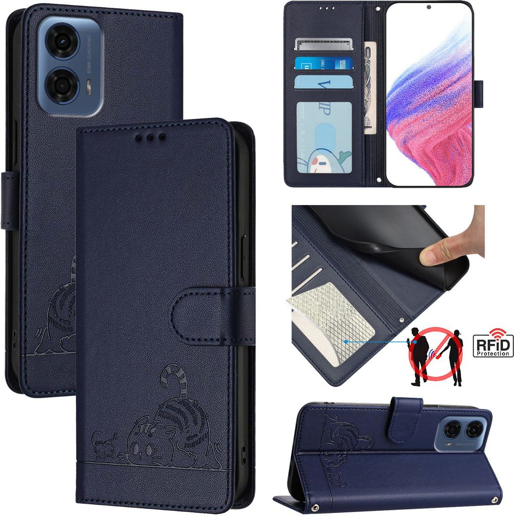 Leder Hülle für Motorola Moto G24 Power Süße Katze Flip Case Brieftasche Schutzhülle mit Standfunktion Blau