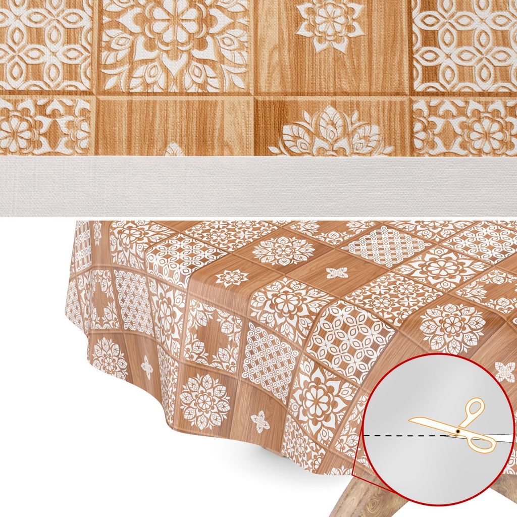 Tischdecke Wachstuch Retro Braun Robust Wasserabweisend Oval Breite 140 cm Länge 240 cm