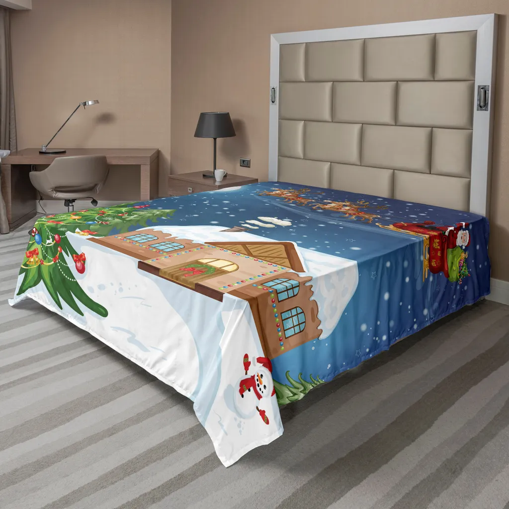 Drap de Lit Supérieur Multicolore Paysage de Noël pour Grand Lit 1P