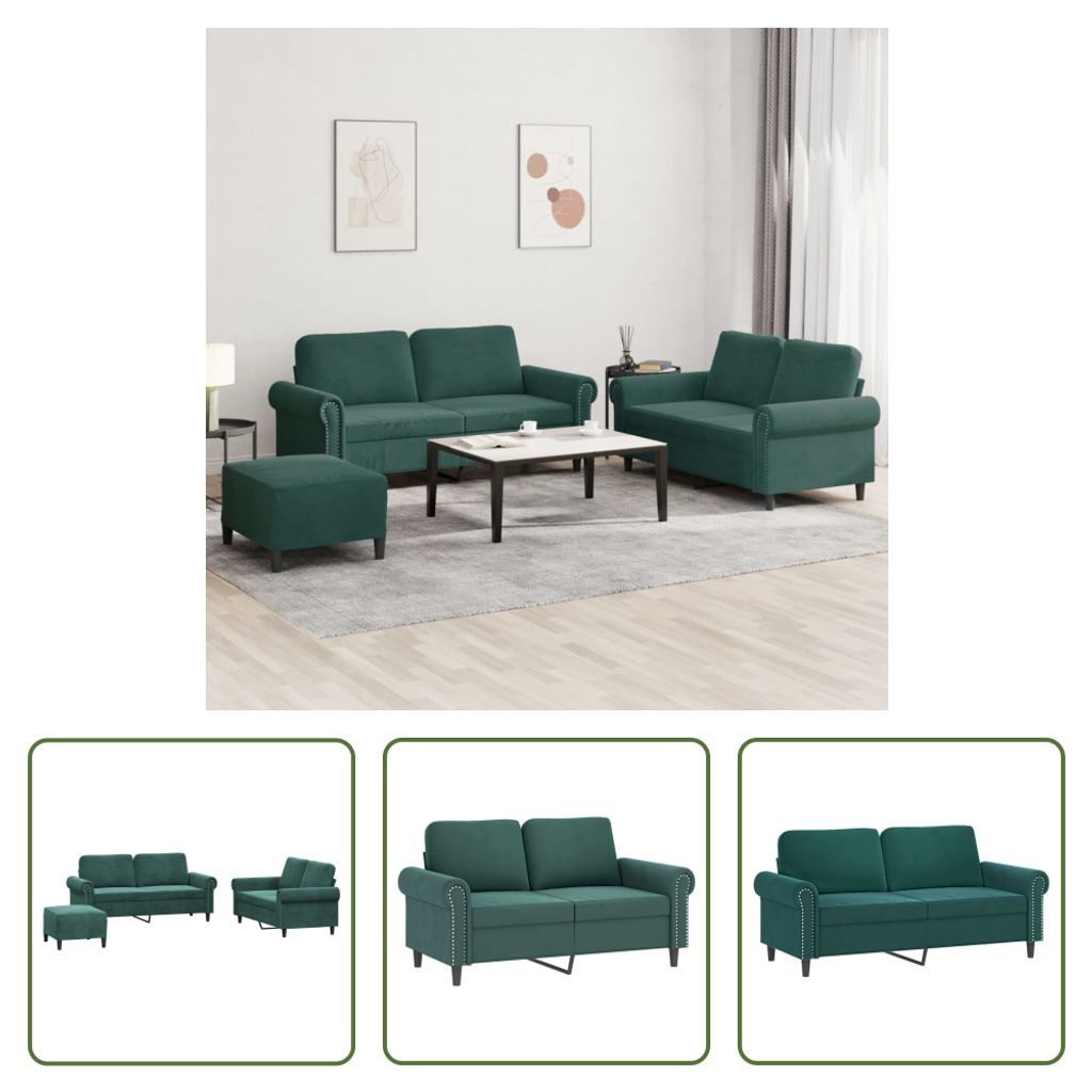 The Living Store 3-tlg. Sofagarnitur mit Kissen Dunkelgrün Samt