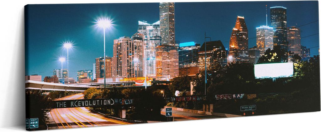 Stadt bei Nacht Houston – Leinwandbild Wandbild – 125x50 cm – Leinwandbilder – Wandbilder – Schlafzimmer – Flur
