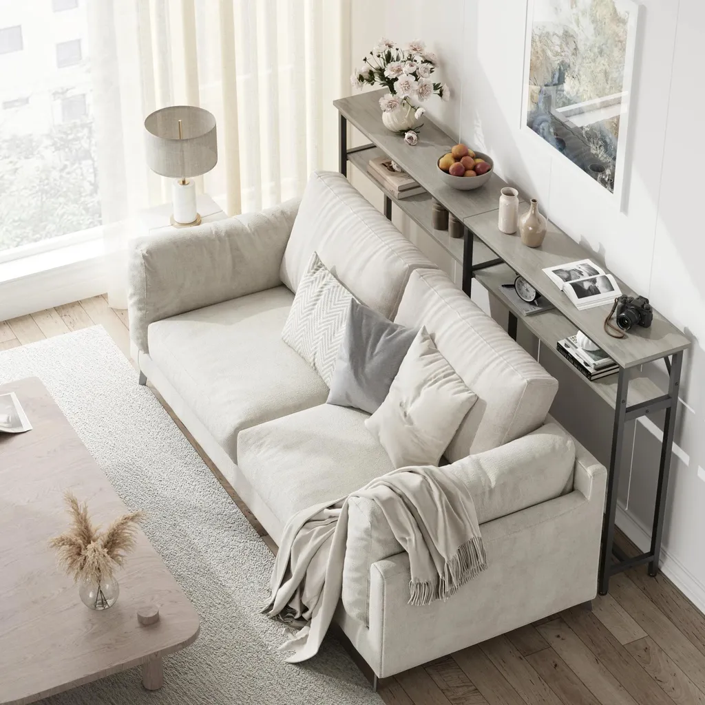Console étroite 180 cm grise pour salon - Table de rangement bi-niveau - 4