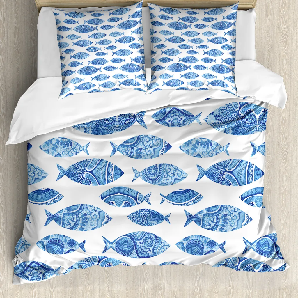 ABAKUHAUS Copripiumino blu, motivi acquerellati blu, antiacaro, adatto a chi soffre di allergie, con federe, 155 cm x 220 cm - 80 x 80 cm, blu