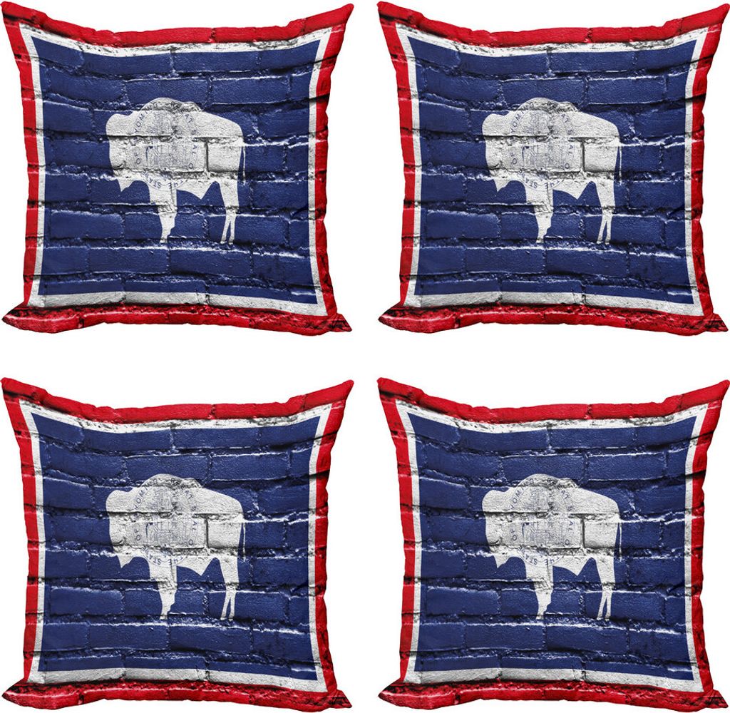ABAKUHAUS Wyoming Kissenbezug Set (4 Stück), State Flag Lack auf Bricks, Moderner Doppelseitiger Digitaldruck, 45 cm x 45 cm, Nachtblau Weiß