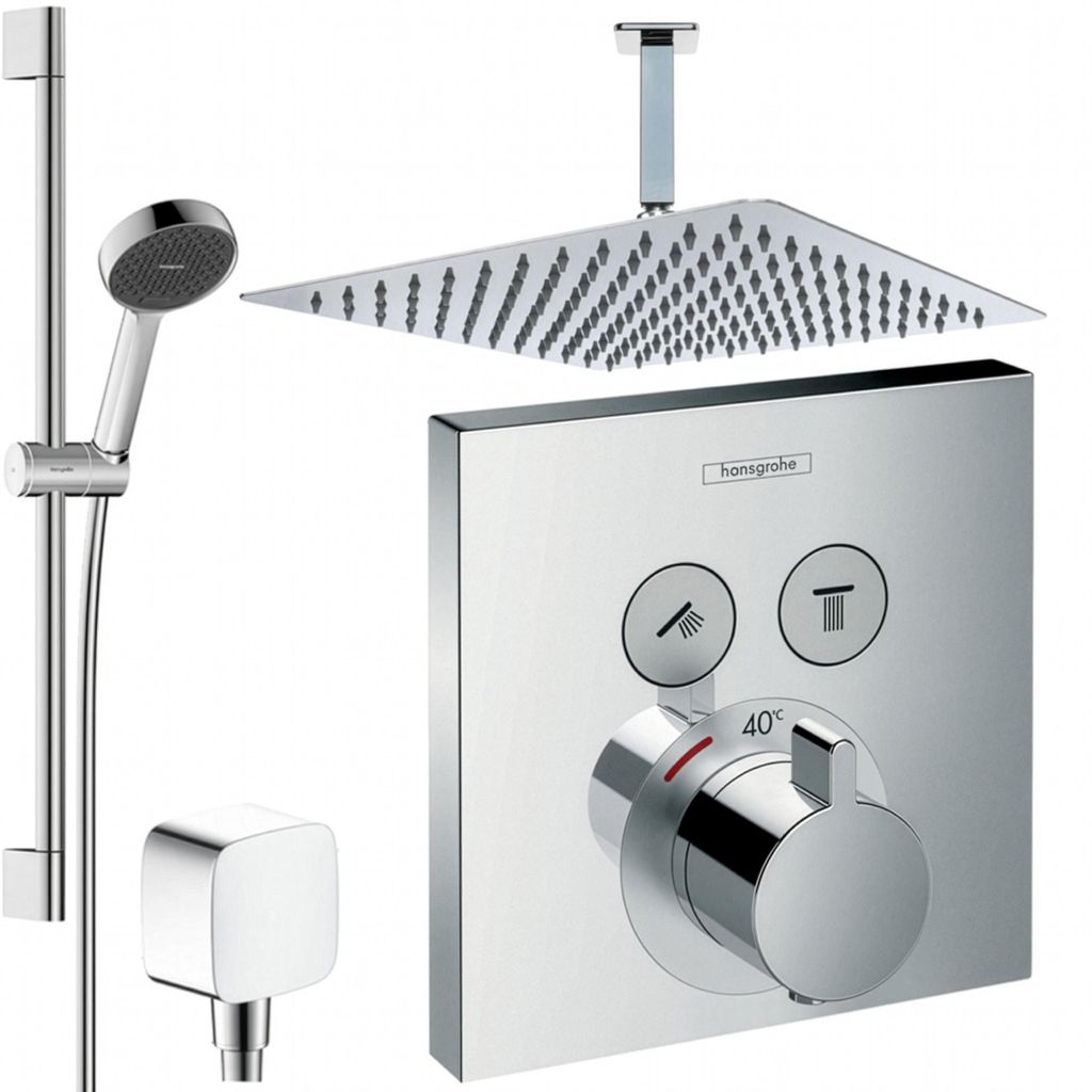 Hansgrohe und Jowi Unterputz Duschsystem ShowerSelect Thermostat Duscharmatur, mit 650mm Brausestange, Regendusche, Deckenanschluss, OHNE iBox