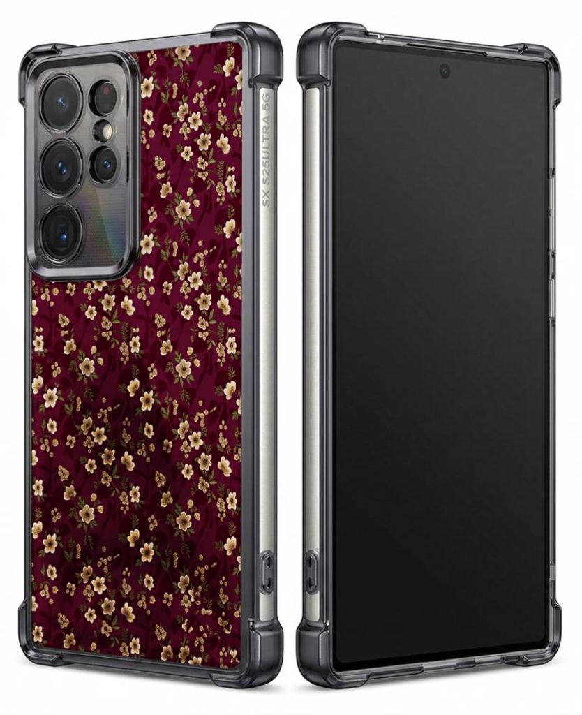 Personalisierte Hülle mit Bild für Samsung Galaxy S26 Ultra Elektroplattiert TPU Stoßdämpfer Handyhülle mit Roter Hintergrund mit goldenen Blumen