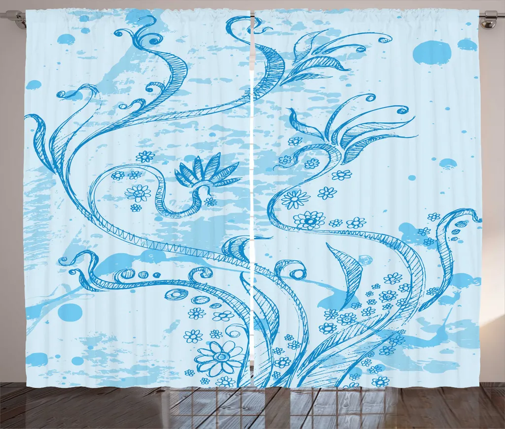 Rideau Grande Largeur 280x225cm pour Salon et Chambre Décor Floral Bleu