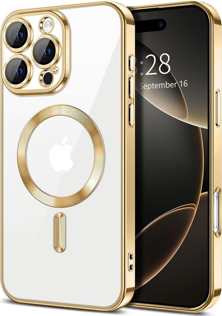 Magnetische Klar Hülle für iPhone 16 Pro Max, Kompatibel mit MagSafe, Elektroplattiert Handyhülle mit Kameraschutz Gold