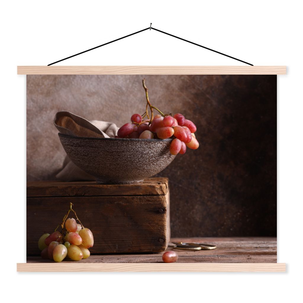 MuchoWow Textilposter Rustikal - Weintrauben - Schale - Stilleben - Obst 40x30 cm mit holzfarbenen Rahmen - Bilder