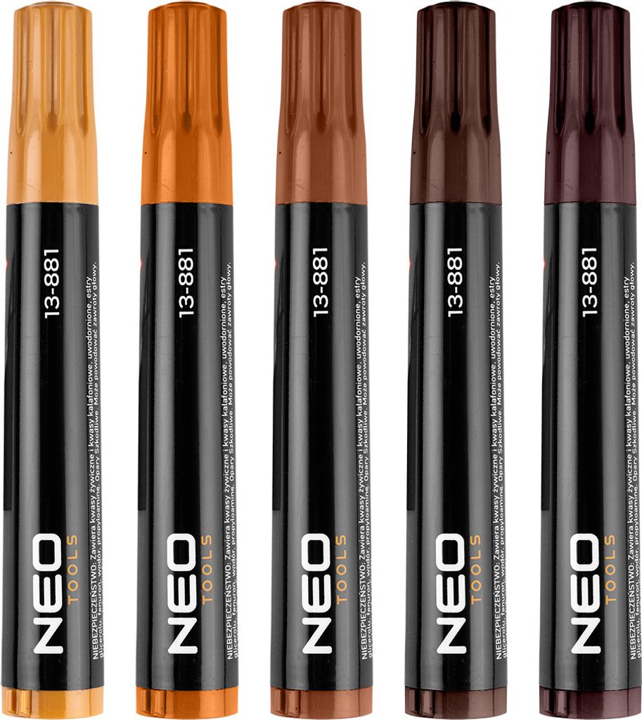 Five NEO TOOLS furniture pens in different shades of brown and gold are lined up against a white background.