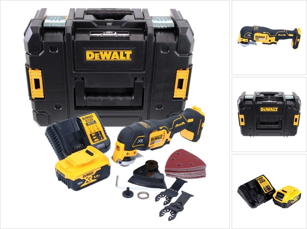 DeWalt DCS 355 P1 Akku Oszillierer Multitool 18 V Brushless + 1x Akku 5,0 Ah + Ladegerät + Zubehör + TSTAK