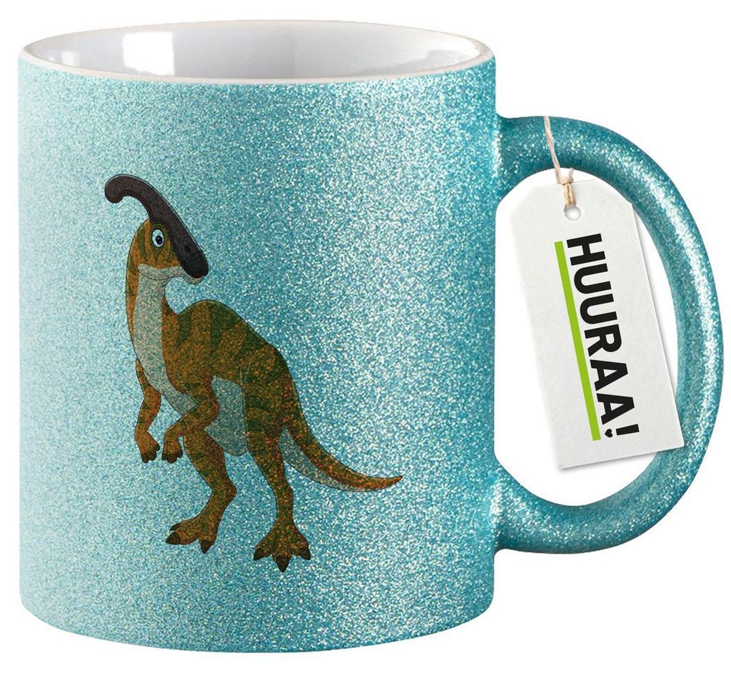 Huuraa Glitzertasse Parasaurolophus Dinosaurier 330ml Blau Keramik Kaffeebecher Geschenkidee
