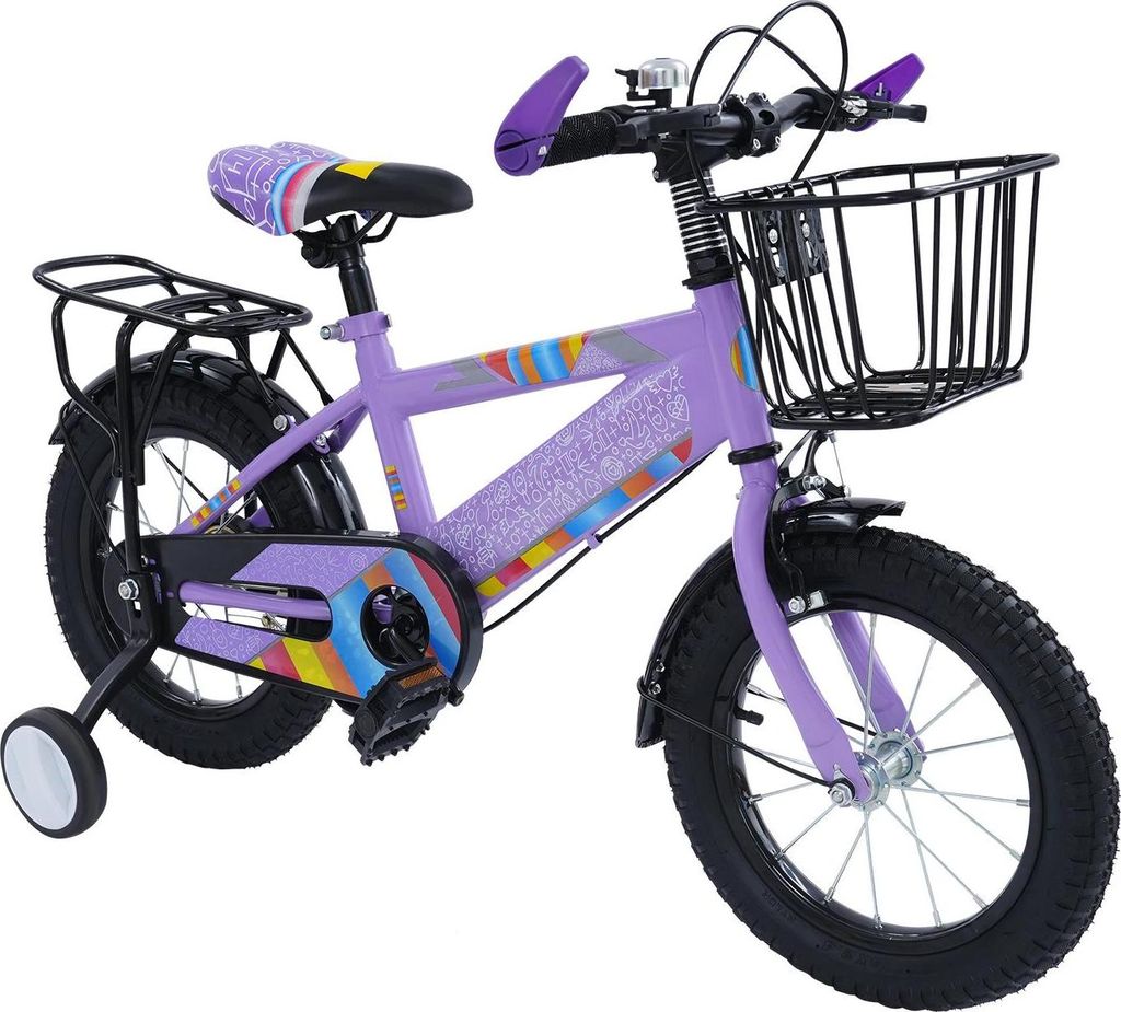 Kinderfahrrad - 35 cm Räder - Stützräder - Verstellbarer Sattel - Korb und Rücksitz - Bis 50 kg - Für 3–6 Jahre - Stahlrahmen - Lila