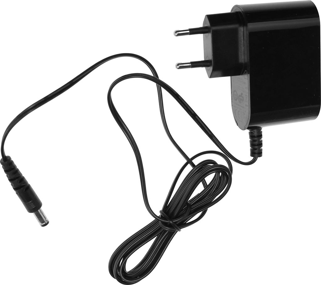A black power adapter with a cord and plug.