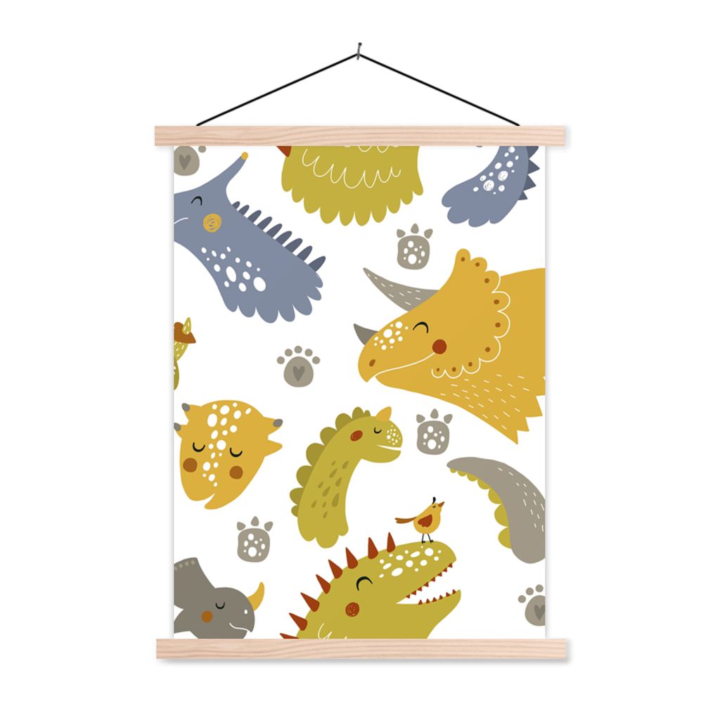 MuchoWow Textilposter Dinosaurier - Schnittmuster - Jungen - Dino - Kinder 40x53 cm mit holzfarbenen Rahmen - Schlafzimmer