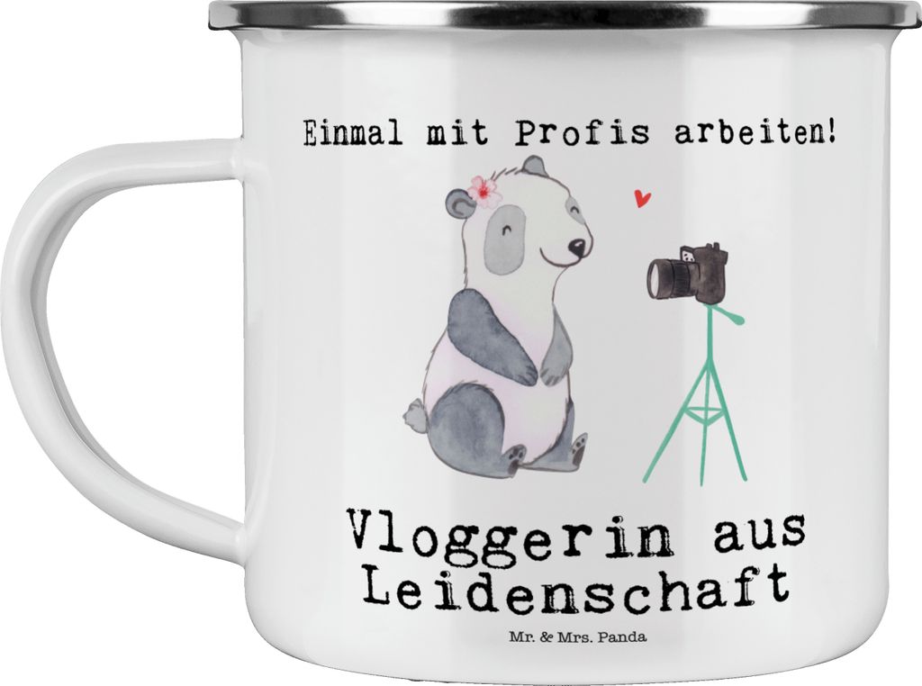 Mr. & Mrs. Panda Kaffeepott Vloggerin Leidenschaft - Weiß - Geschenk, Teetasse, Haferl, Campingtasse, Emaille Tasse, Pott, Blechtasse