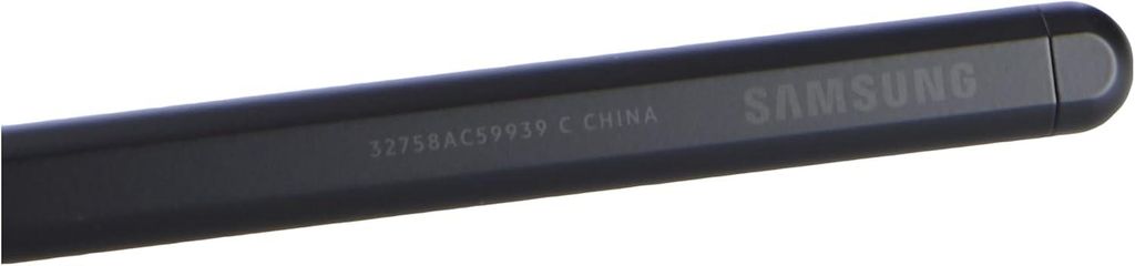 A close-up of a black stylus pen with embossed text.