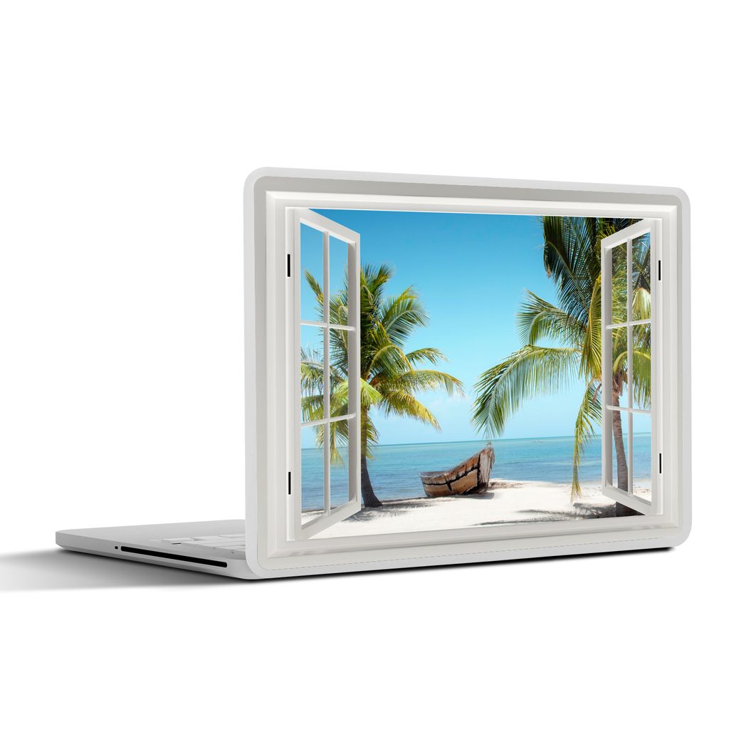 MuchoWow Laptop Aufkleber Sticker Cover Aussicht - Strand - Palme - Boot - Tropisch - Meer - Blau 31x22.5 cm - Laptop-Deko