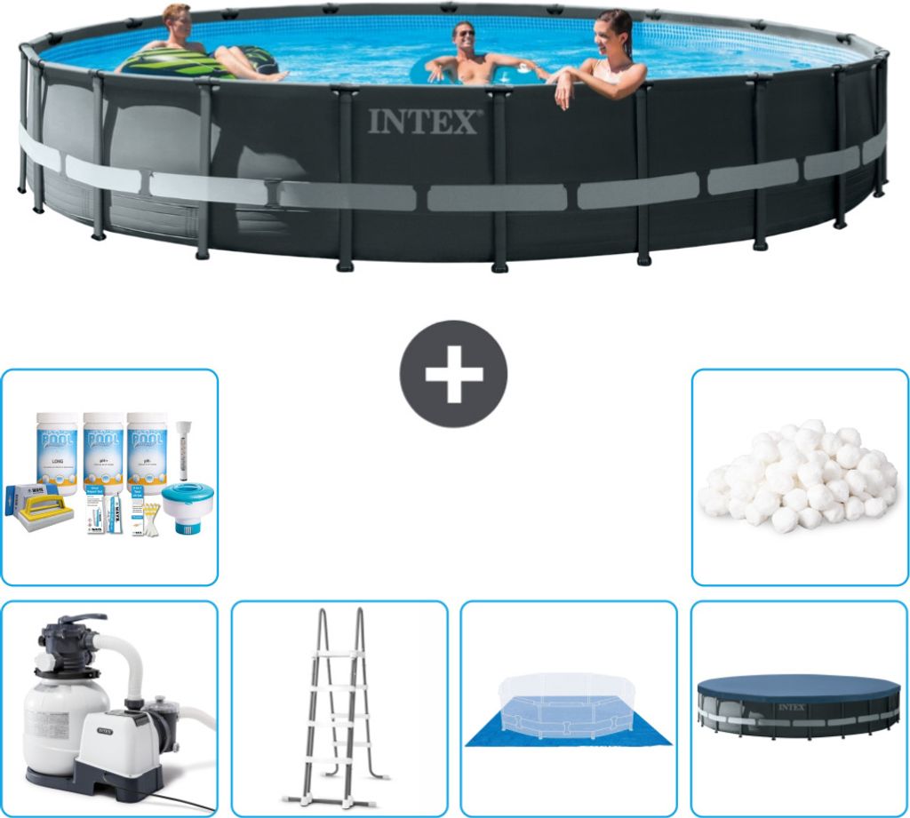 Intex Round Ultra XTR Frame Swimming Pool – 610 x 122 cm – inklusive Pumpe – Leiter – Bodenplane – Abdeckung Wartungspaket - Filterbälle