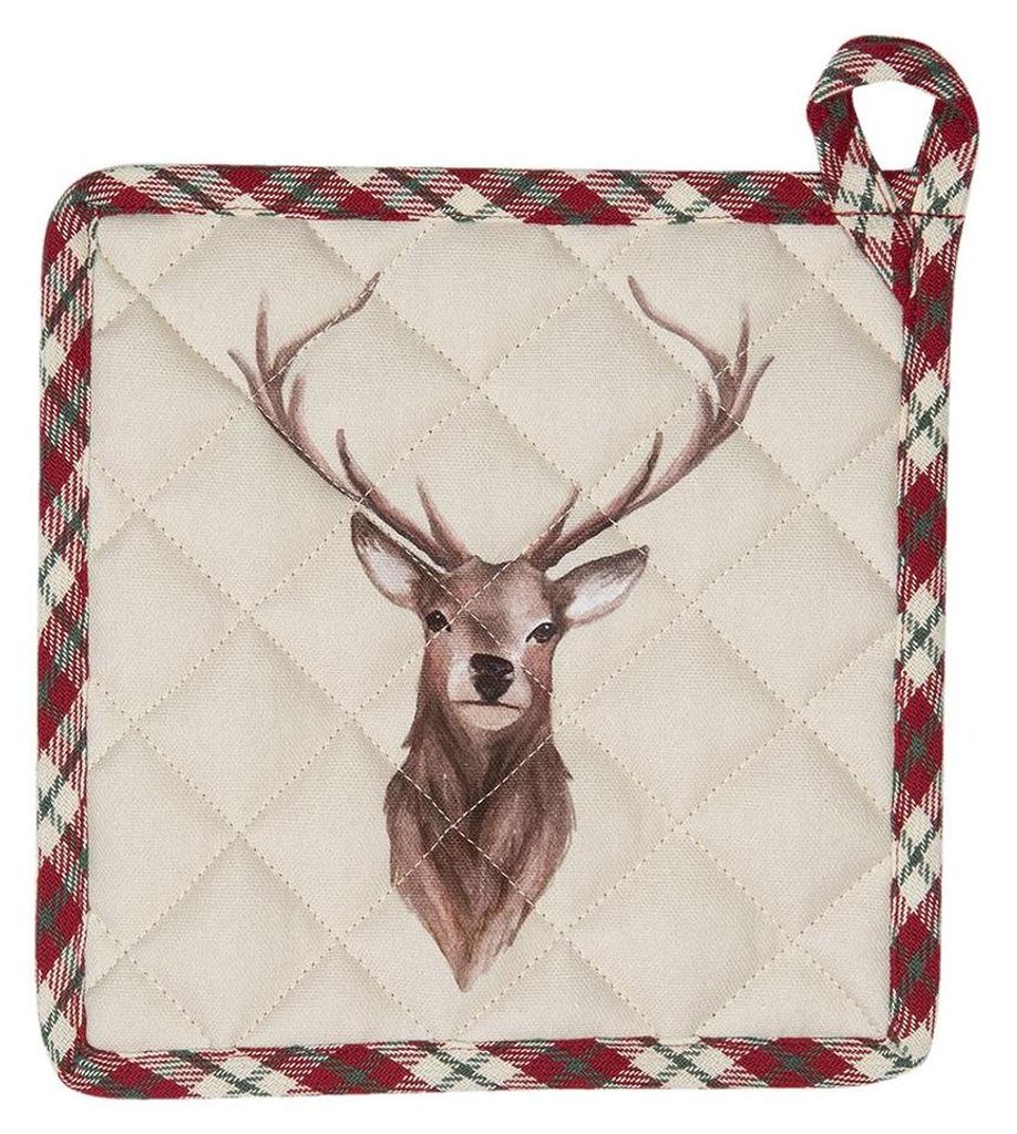 Clayre & Eef Topflappen 20x20 cm Beige Rot Baumwolle Hirsch Produktbild 