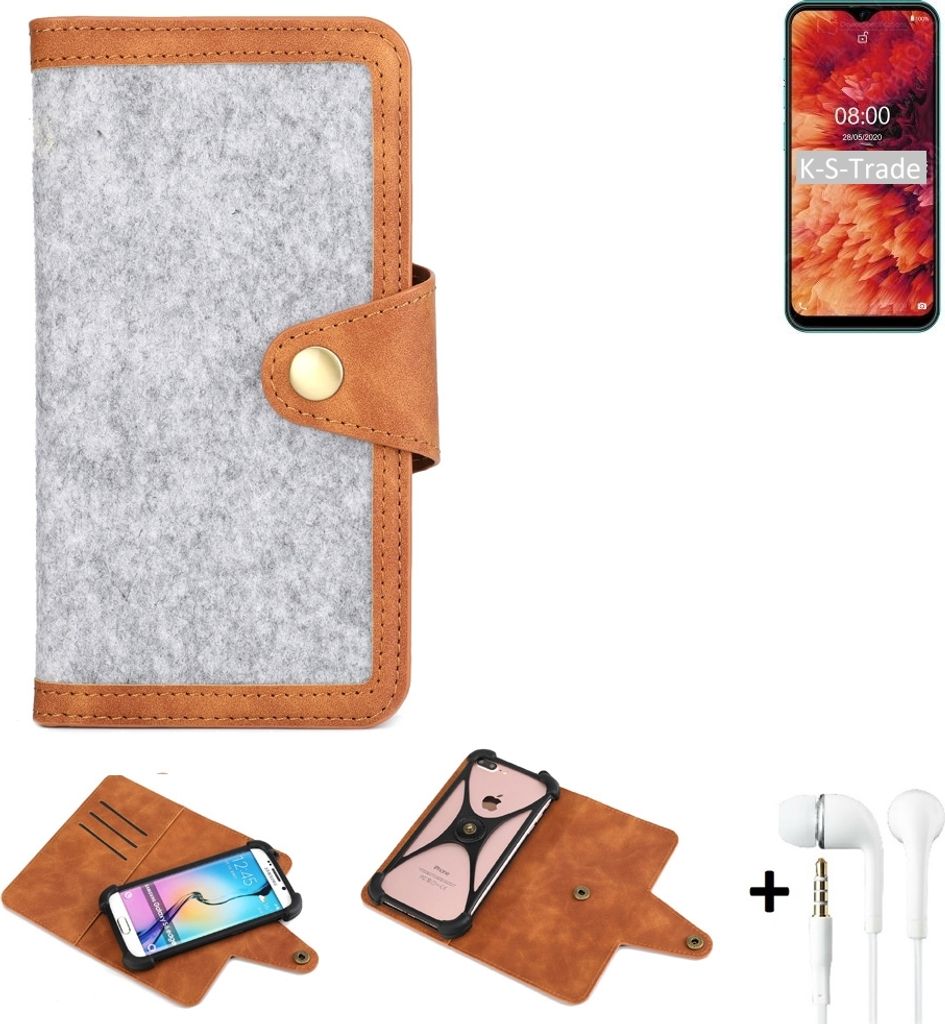 K-S-Trade Handyhülle + Kopfhörer kompatibel mit Ulefone Note 8P Schutzhülle Filz Hülle Kunstleder hellgrau braun (1x)