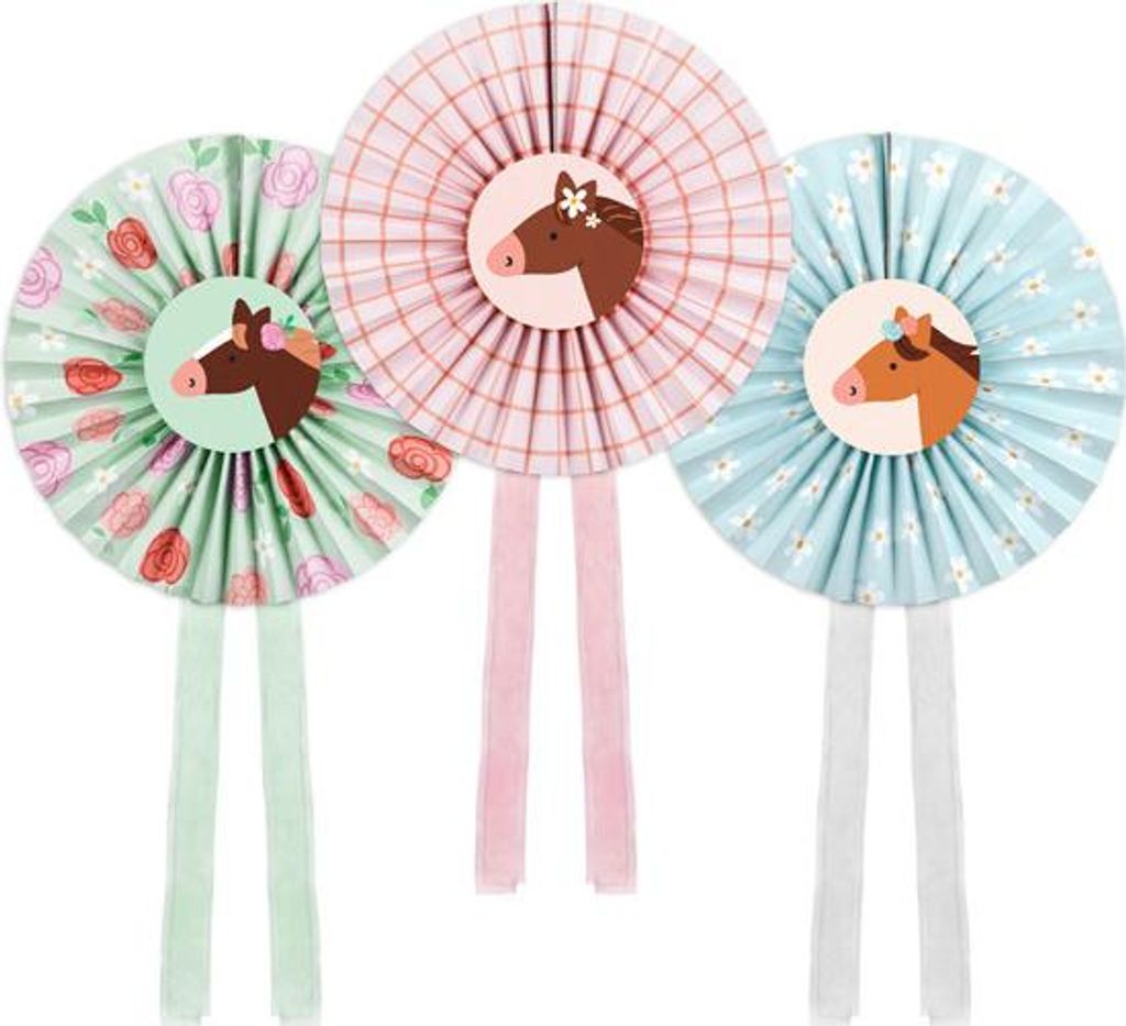 Papier Rosetten Deko 35cm mit Pferde Motiv 3er Set Pastell Mix