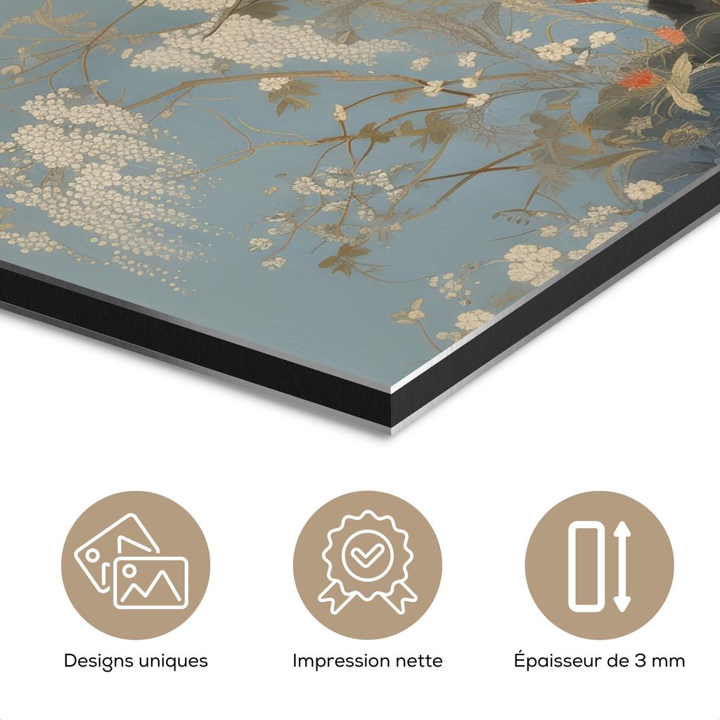MuchoWow Wanddekoration Metall Metallbild Wandkunst 120x60 cm Kraniche - Mond - Blumen - Blau MuchoWow Aluminium Gemälde - Metalbilder