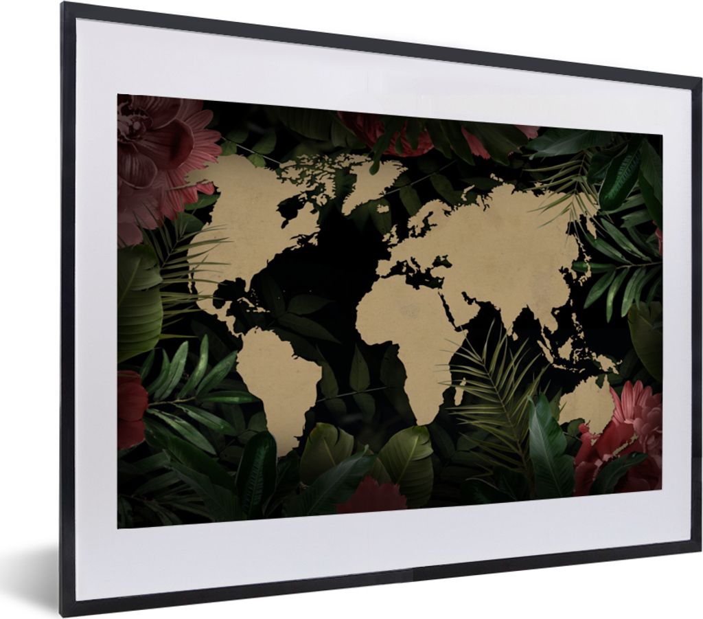 MuchoWow MuchoWow Gerahmtes Poster Weltkarte - Blumen - Tropische Pflanzen 60x40 cm - Poster mit zchwarzem Bilderrahmen - Schlafzimmer - Plakat...