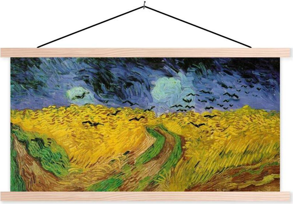 MuchoWow Textilposter Weizenfeld mit Krähen - Vincent van Gogh 60x30 cm mit holzfarbenen Rahmen - Dekoration