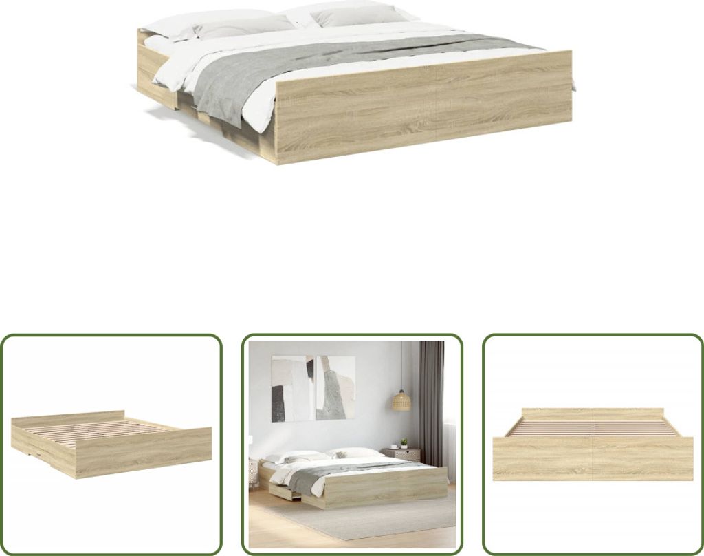 The Living Store Bettgestell mit Schubladen Sonoma-Eiche 200x200cm Holzwerkstoff
