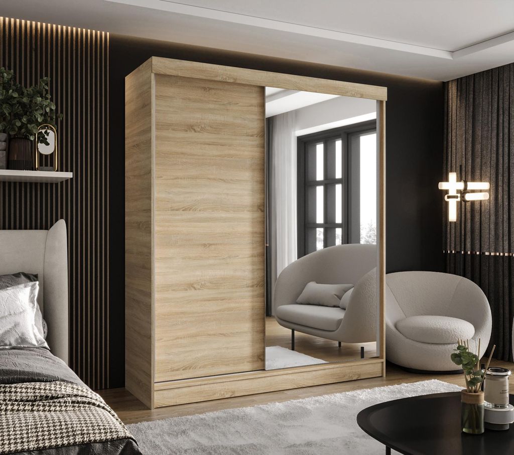 CASPIAN 24 Garderobenschrank mit Spiegel, zwei Schubladen, Eiche Sonoma - 120x205 CM